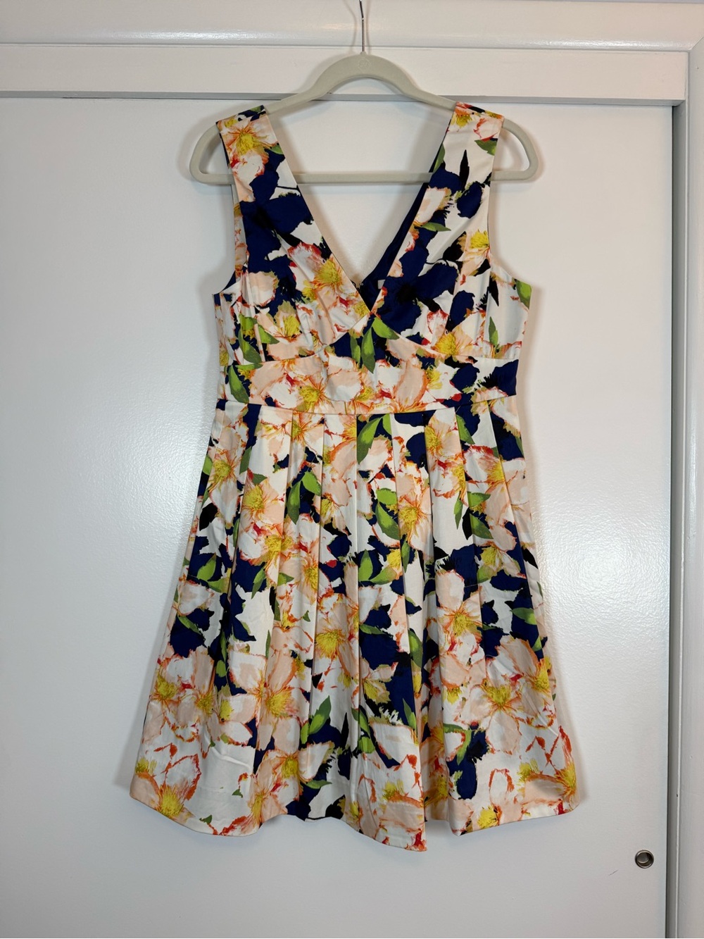 J. Crew Factory White Floral V-Neck Sundress with Navy and Green
